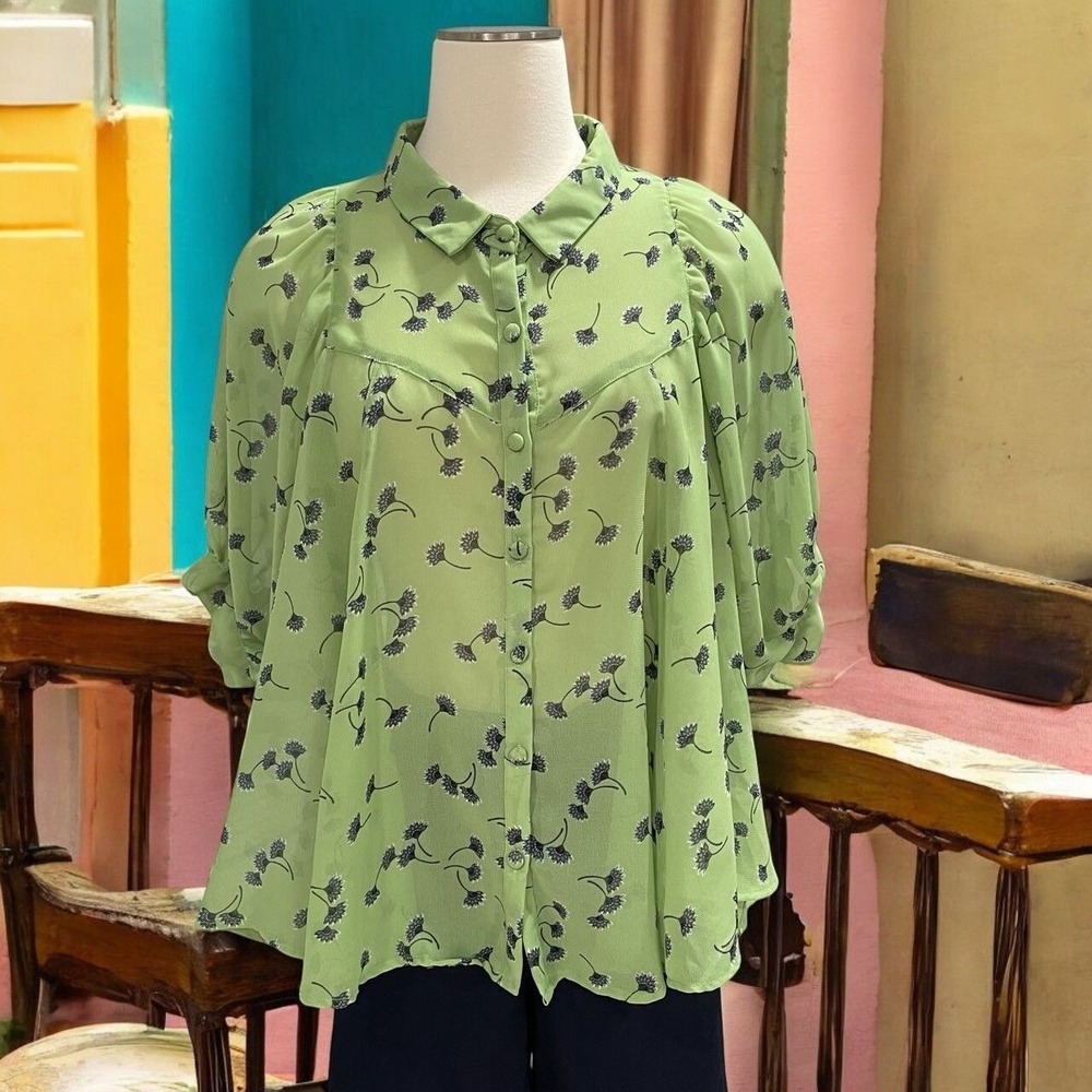 Oversized Green Floral Blouse Sheer Button Up Cottagecore Boho Spring Top Medium